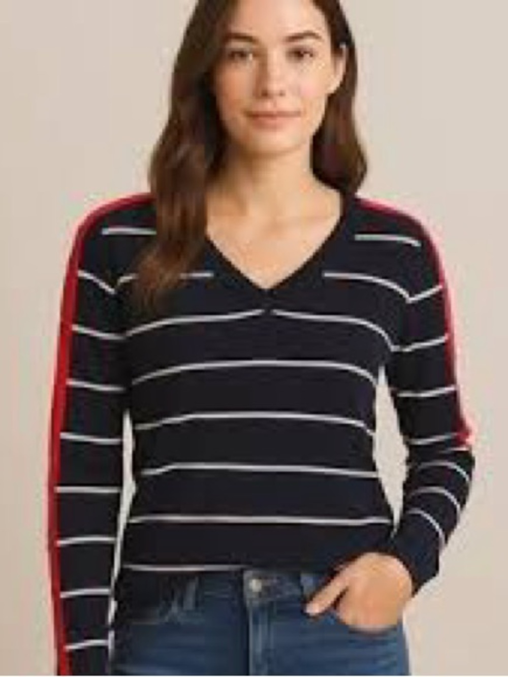 Banana republic V-Neck Navy Striped Sweater with Red Sleeve Stripe